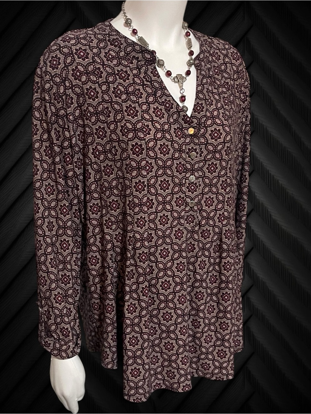 Westport Burgundy Ornate Geometric Printed Button-Front Tunic Top - Size XL